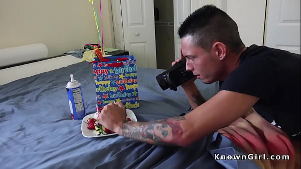 Guy licks whipped cream from pussy