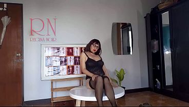Black stockings and high heels. Depraved secretary in black bodysuit.