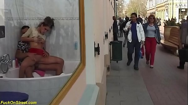 cute horny teen gets deep anal fucked by her boyfriend at public shopping street
