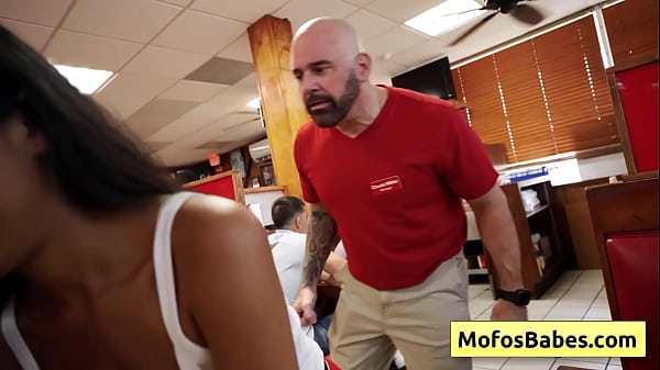 Two horny sexy girls sharing black huge dick in a public restaurant